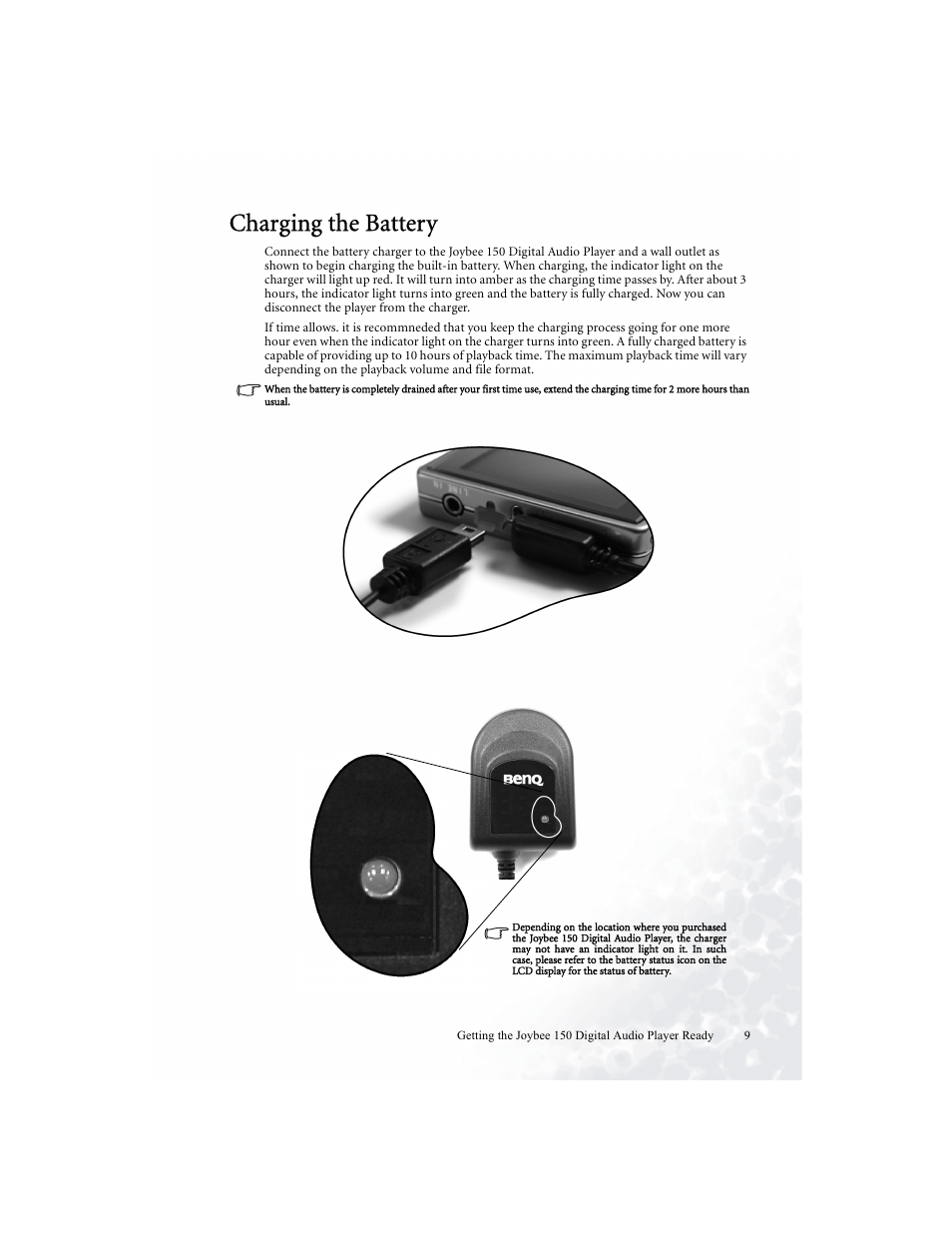 Charging the battery | BenQ Joybee 150 User Manual | Page 13 / 48