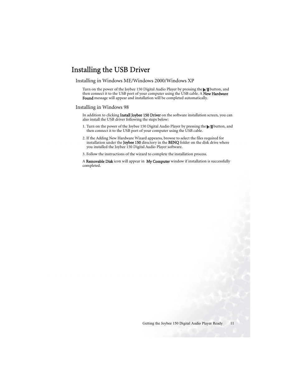 Installing the usb driver | BenQ Joybee 150 User Manual | Page 15 / 48