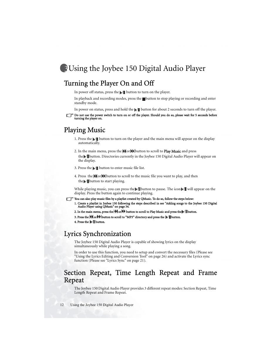 Using the joybee 150 digital audio player, Turning the player on and off, Playing music | Lyrics synchronization | BenQ Joybee 150 User Manual | Page 16 / 48
