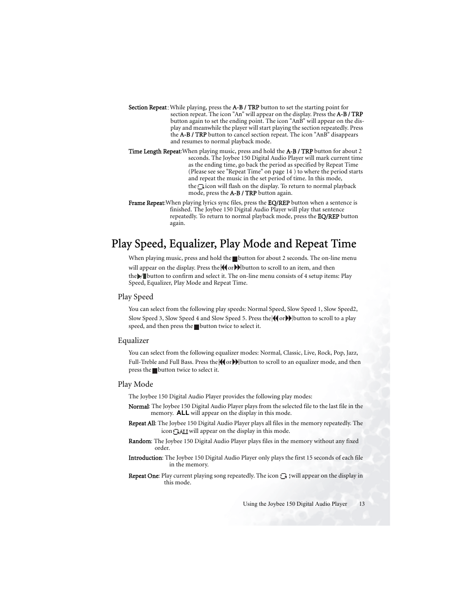 Play speed, equalizer, play mode and repeat time, Play speed, Equalizer | Play mode | BenQ Joybee 150 User Manual | Page 17 / 48