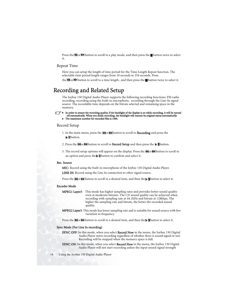 Recording and related setup, Repeat time, Record setup | BenQ Joybee 150 User Manual | Page 18 / 48