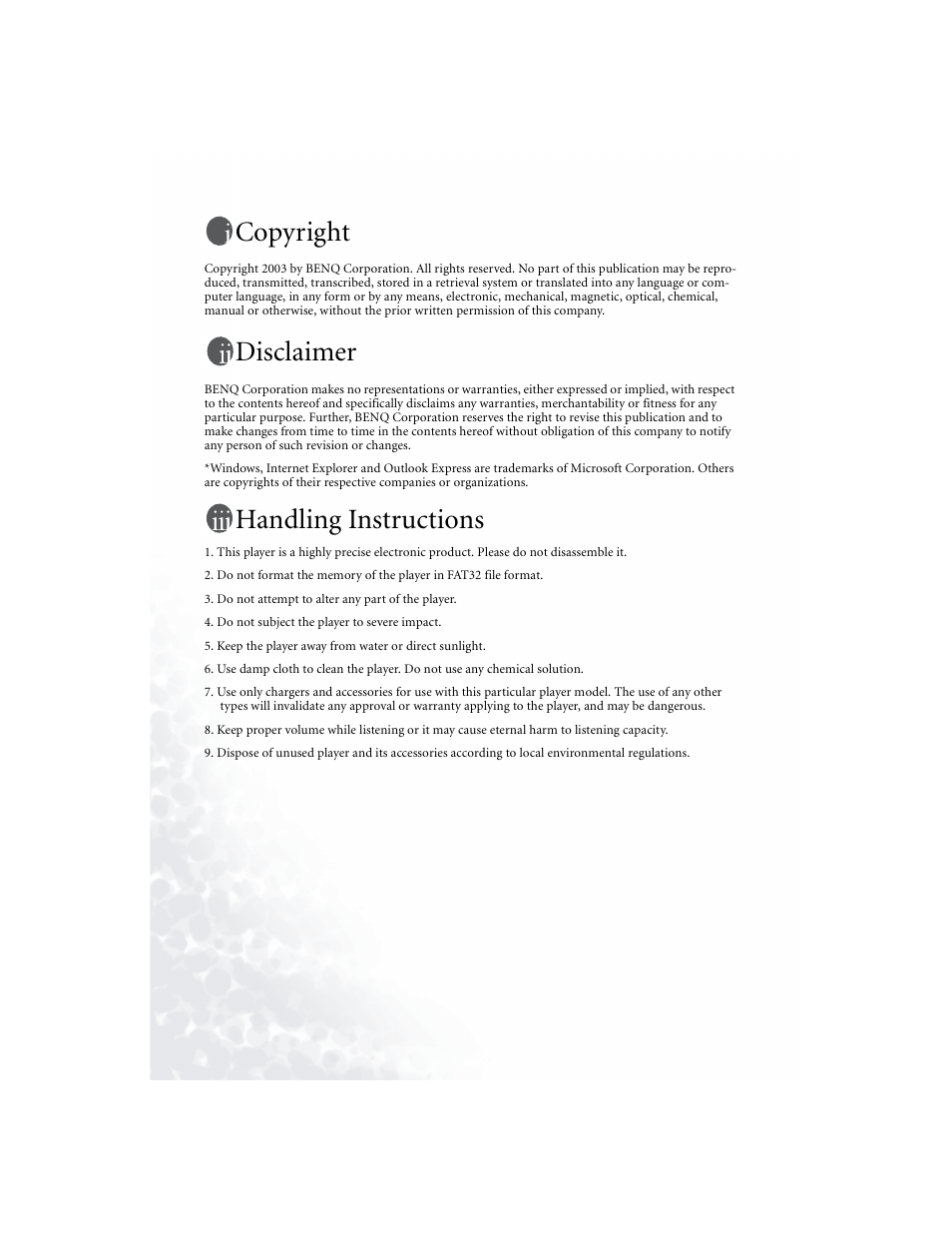 Copyright, Disclaimer, Handling instructions | BenQ Joybee 150 User Manual | Page 2 / 48