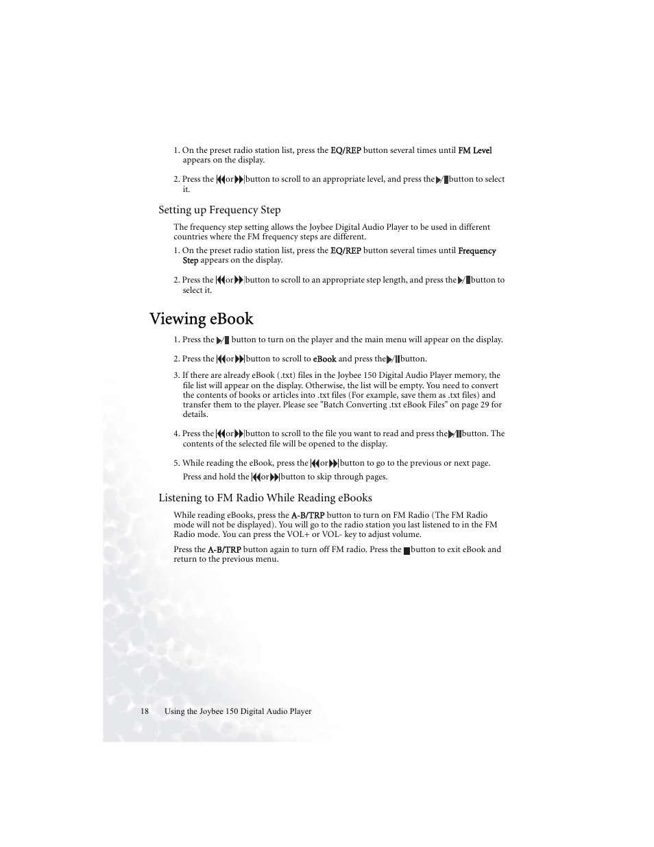 Viewing ebook, Setting up frequency step, Listening to fm radio while reading ebooks | BenQ Joybee 150 User Manual | Page 22 / 48