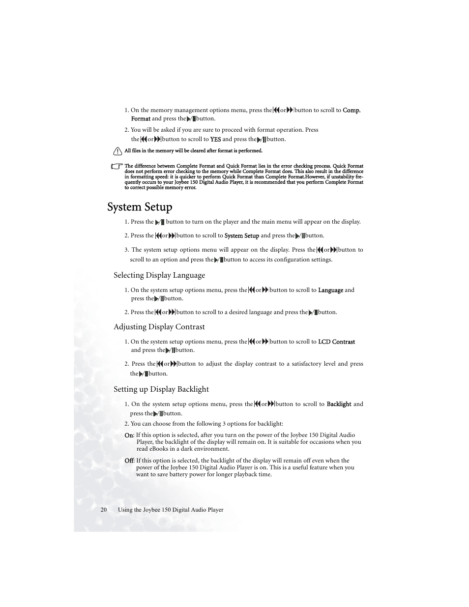 System setup, Selecting display language, Adjusting display contrast | Setting up display backlight | BenQ Joybee 150 User Manual | Page 24 / 48
