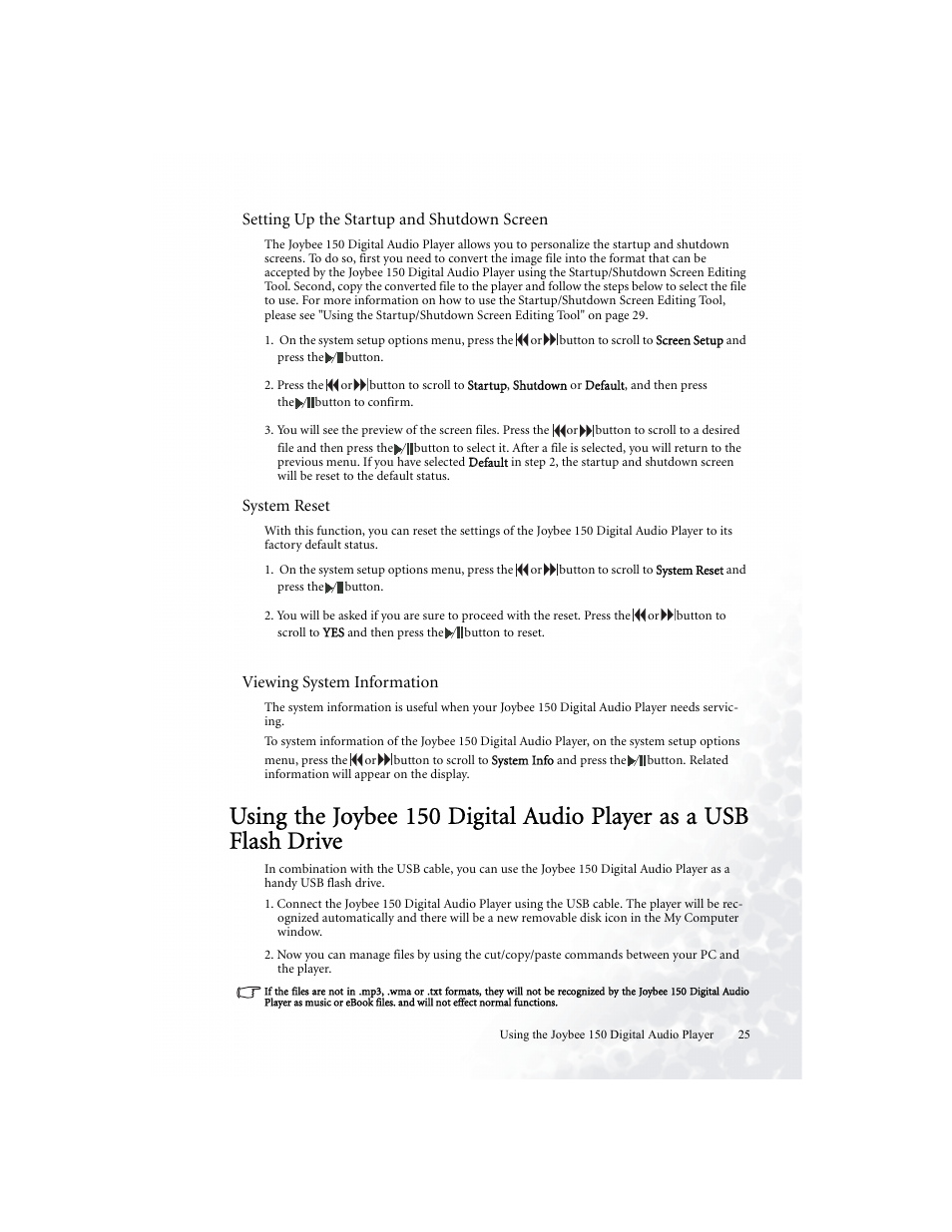 Setting up the startup and shutdown screen, System reset, Viewing system information | BenQ Joybee 150 User Manual | Page 29 / 48