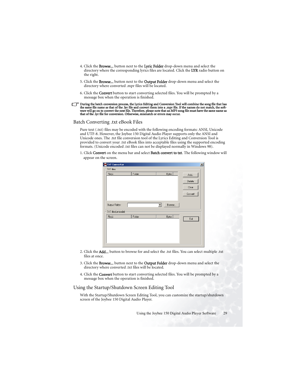 Batch converting .txt ebook files, Using the startup/shutdown screen editing tool | BenQ Joybee 150 User Manual | Page 33 / 48