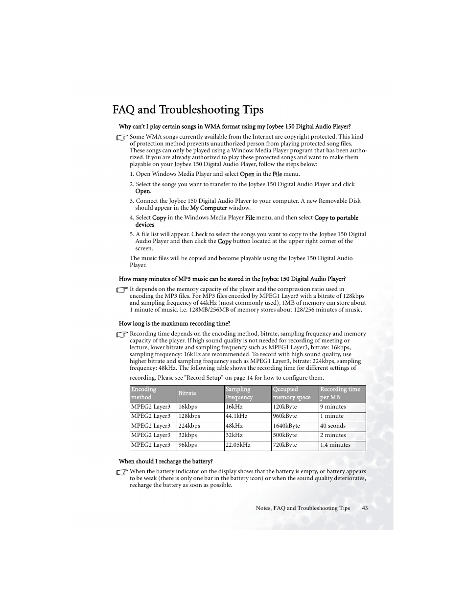 Faq and troubleshooting tips | BenQ Joybee 150 User Manual | Page 47 / 48