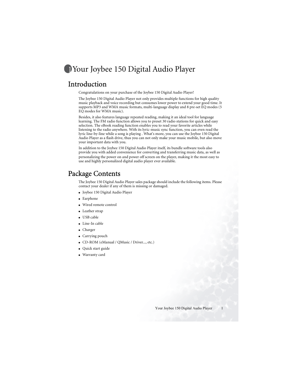 Your joybee 150 digital audio player, Introduction, Package contents | BenQ Joybee 150 User Manual | Page 5 / 48