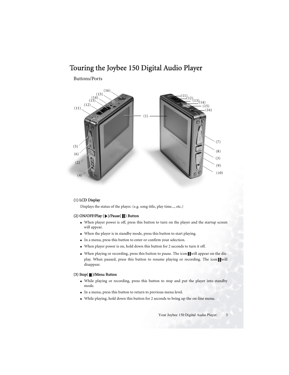 Touring the joybee 150 digital audio player, Buttons/ports | BenQ Joybee 150 User Manual | Page 7 / 48