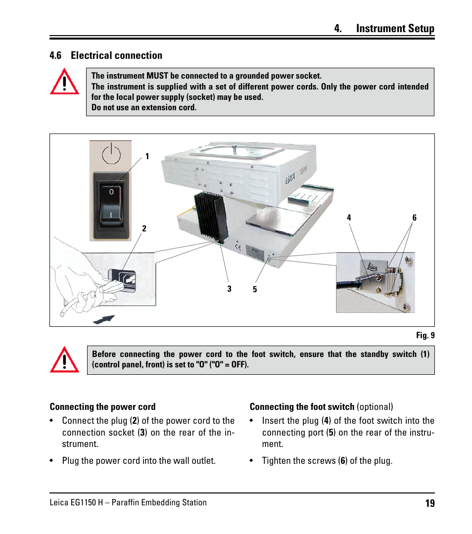 6 electrical connection, Electrical connection, Instrument setup | Leica Biosystems EG1150 H User Manual | Page 19 / 42