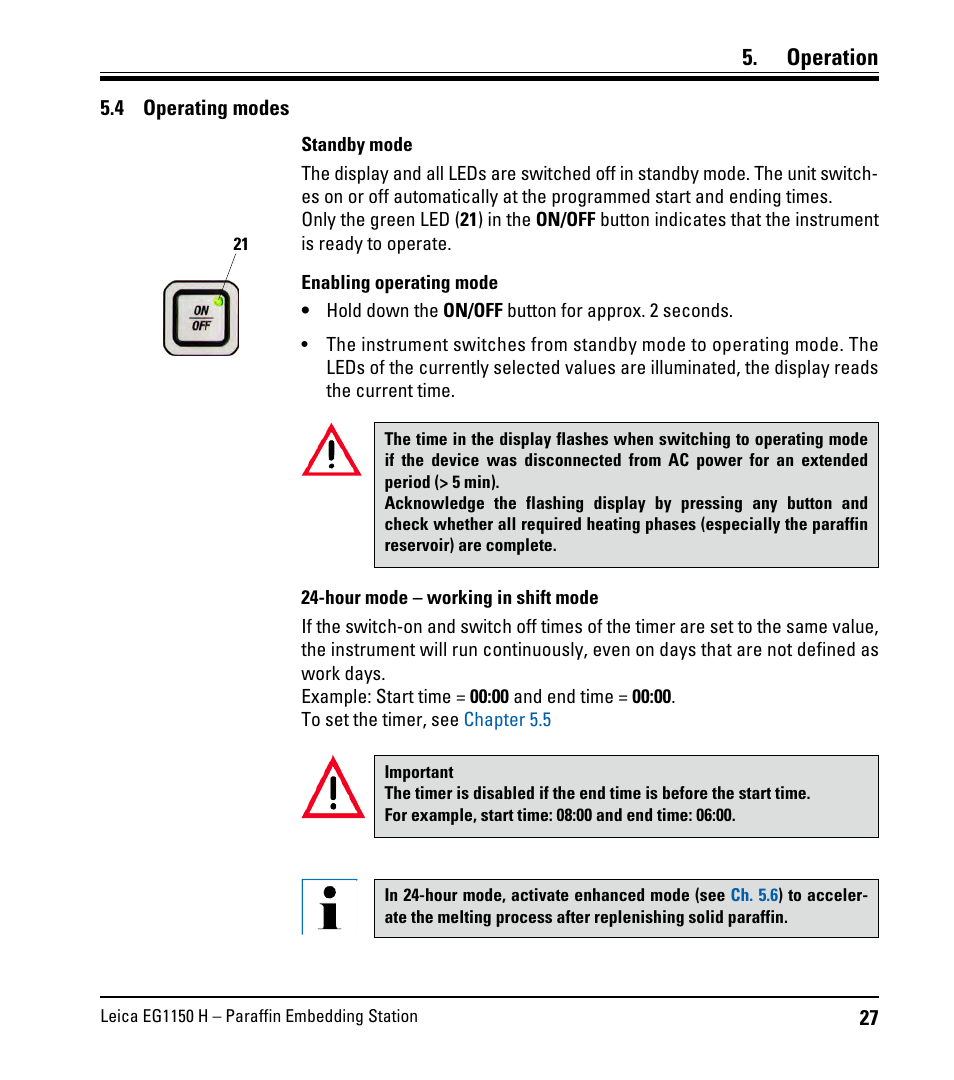 4 operating modes, Operating modes, Operation | Leica Biosystems EG1150 H User Manual | Page 27 / 42