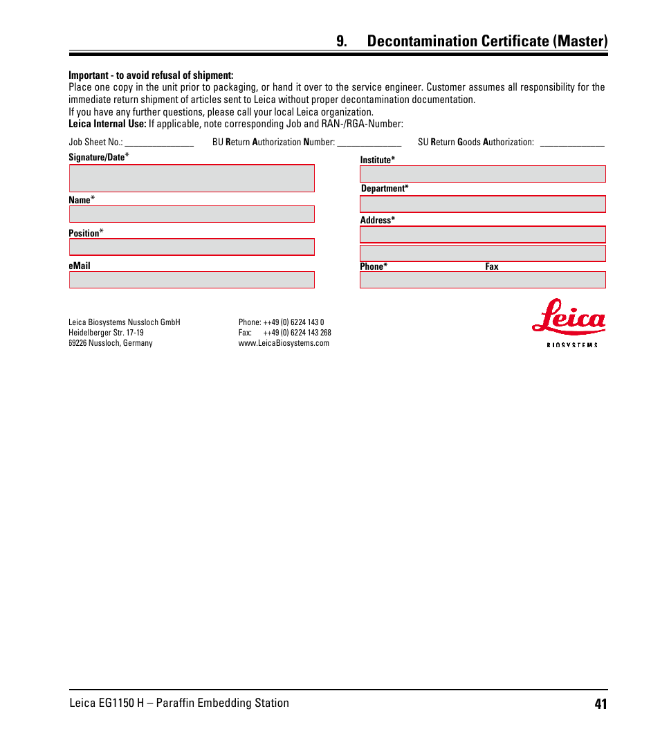 Decontamination certificate, Decontamination certificate (master) | Leica Biosystems EG1150 H User Manual | Page 41 / 42