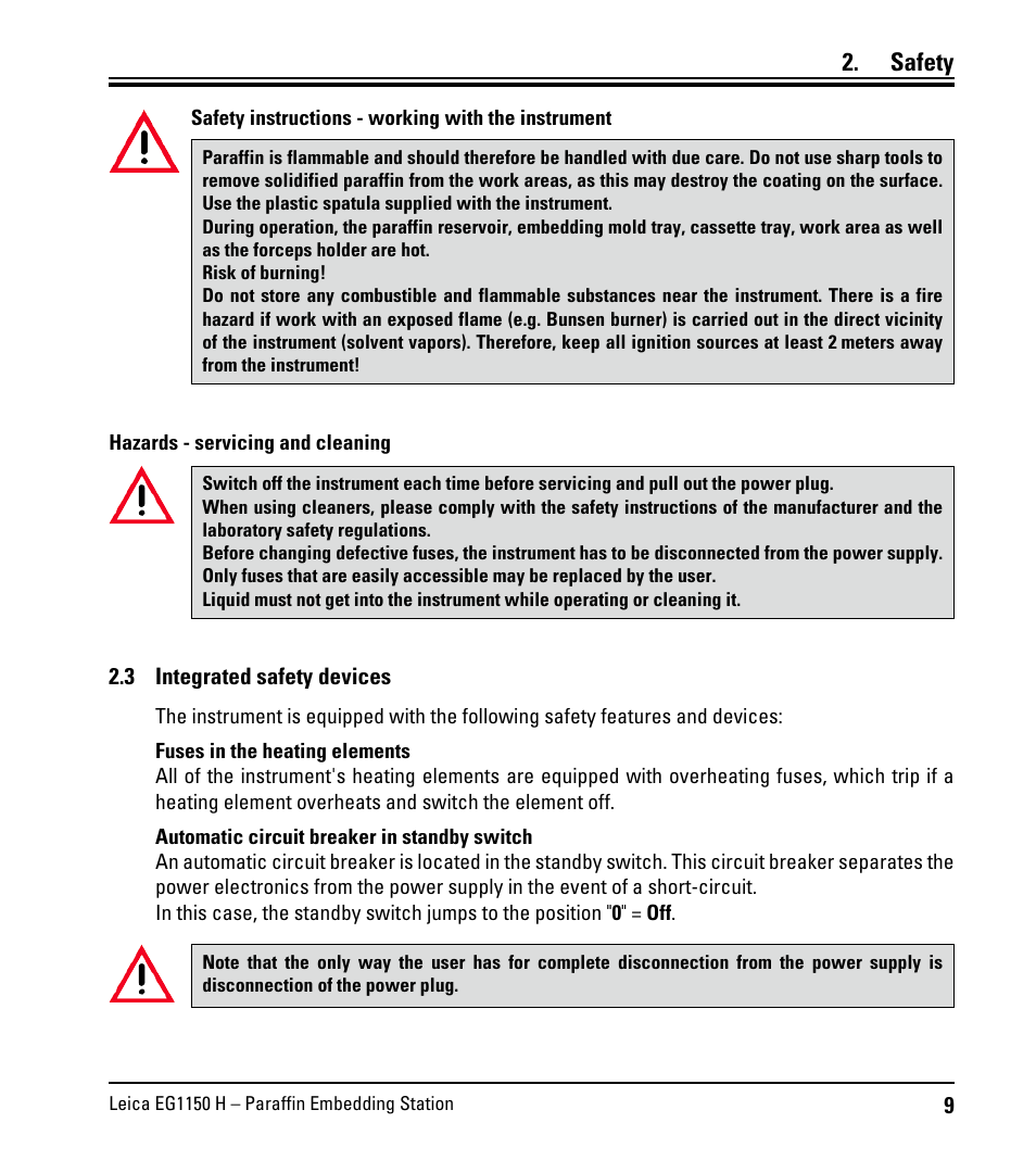 3 integrated safety devices, Integrated safety devices, Safety | Leica Biosystems EG1150 H User Manual | Page 9 / 42