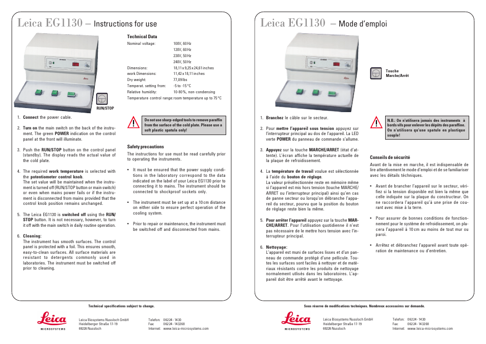 Leica eg1130, Mode d’emploi, Instructions for use | Leica Biosystems EG1130 User Manual | Page 2 / 2