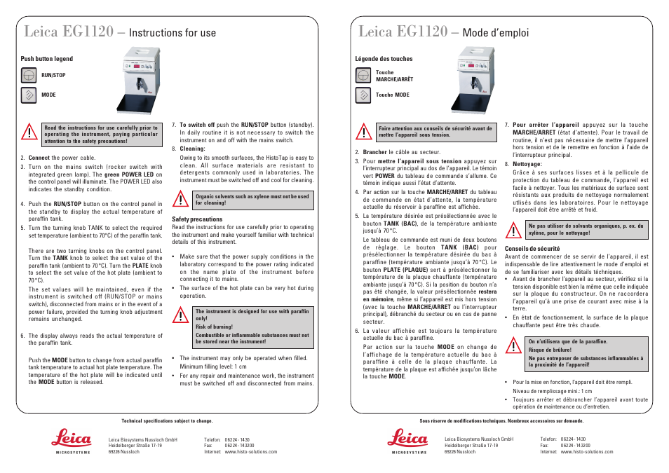 Leica eg1120, Mode d’emploi, Instructions for use | Leica Biosystems EG1120 User Manual | Page 2 / 2