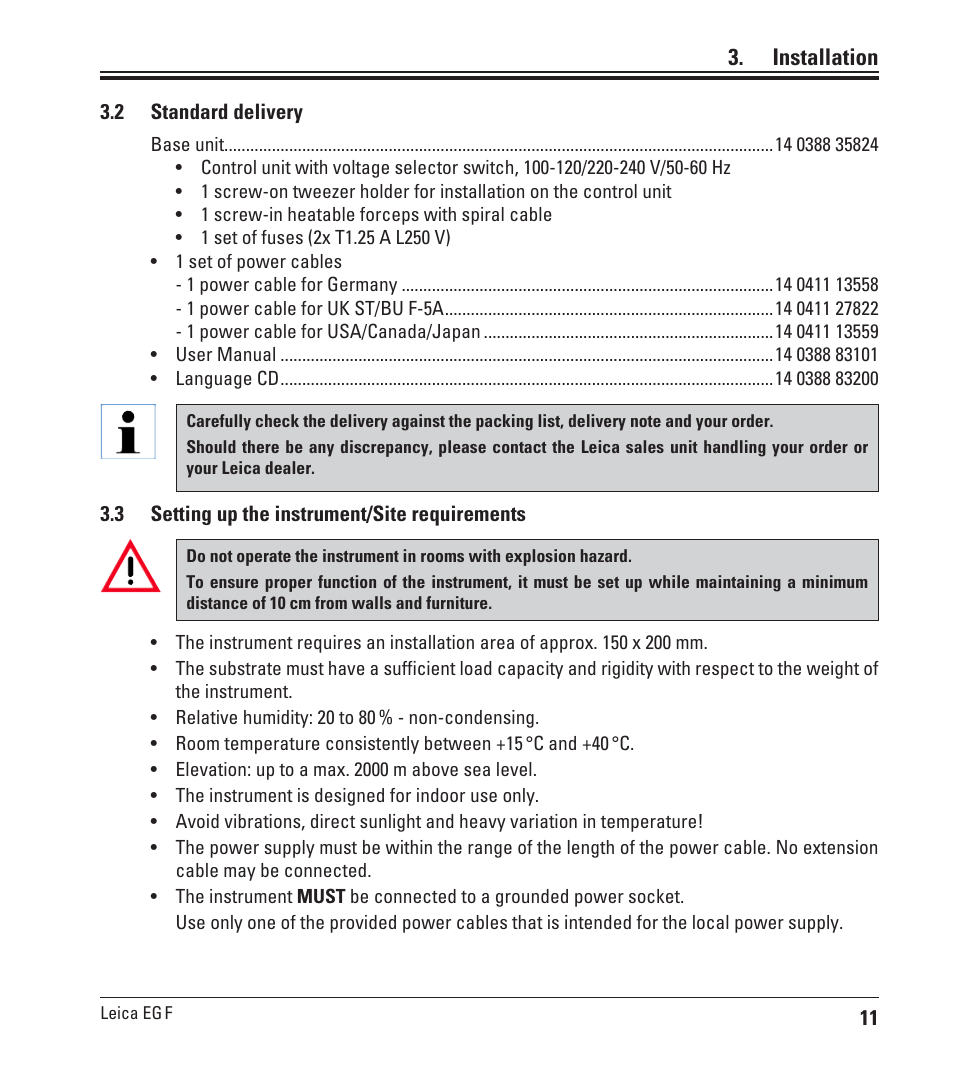 2 standard delivery, 3 setting up the instrument/site requirements, Standard delivery | Setting up the instrument/site requirements, Installation | Leica Biosystems EG F User Manual | Page 11 / 18