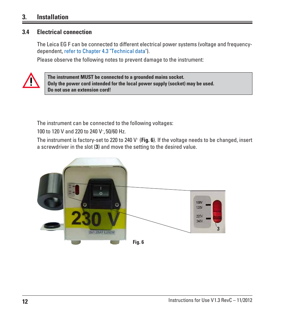 4 electrical connection, Electrical connection, Installation | Leica Biosystems EG F User Manual | Page 12 / 18