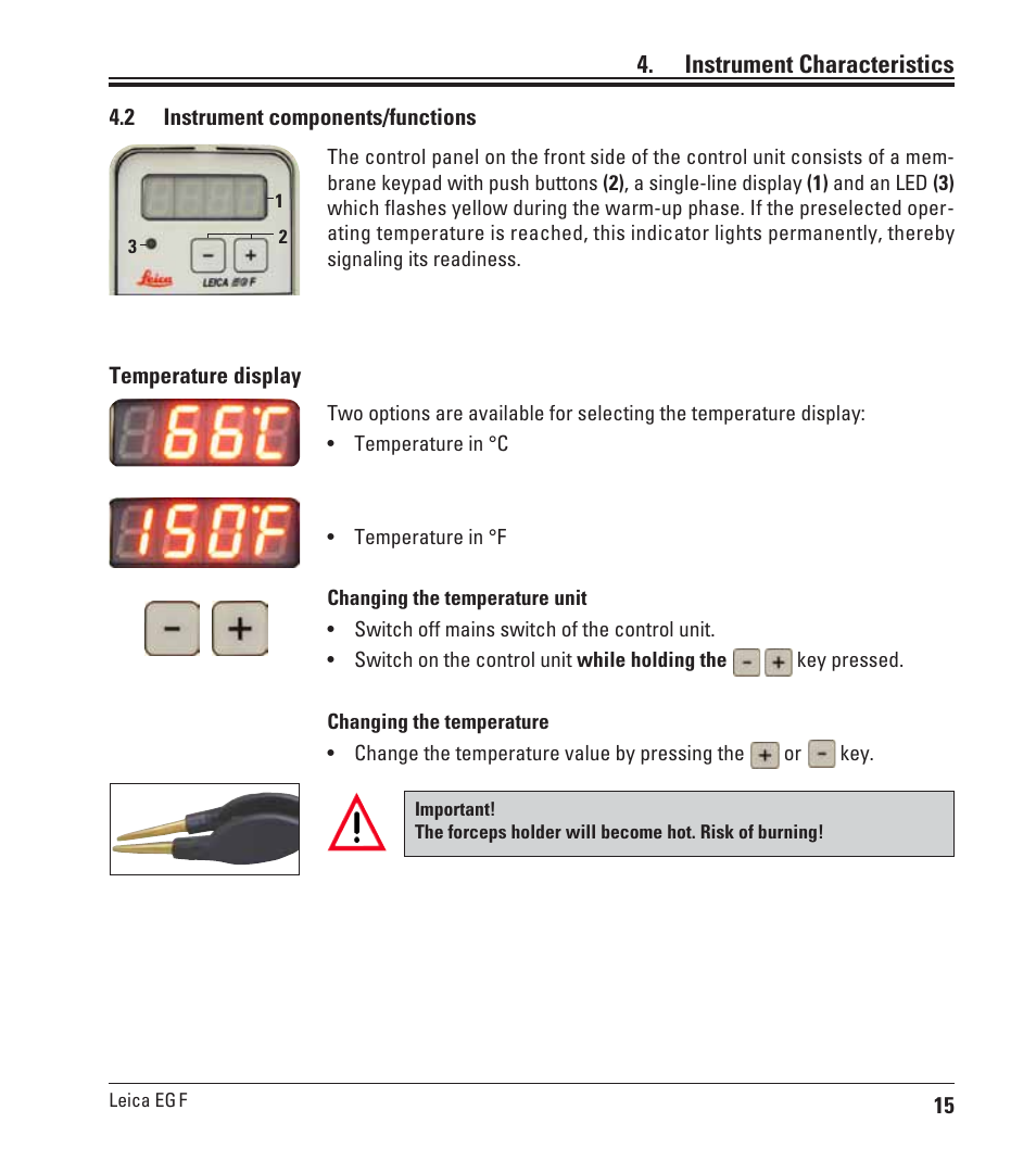 2 instrument components/functions, Instrument components/functions, Instrument characteristics | Leica Biosystems EG F User Manual | Page 15 / 18