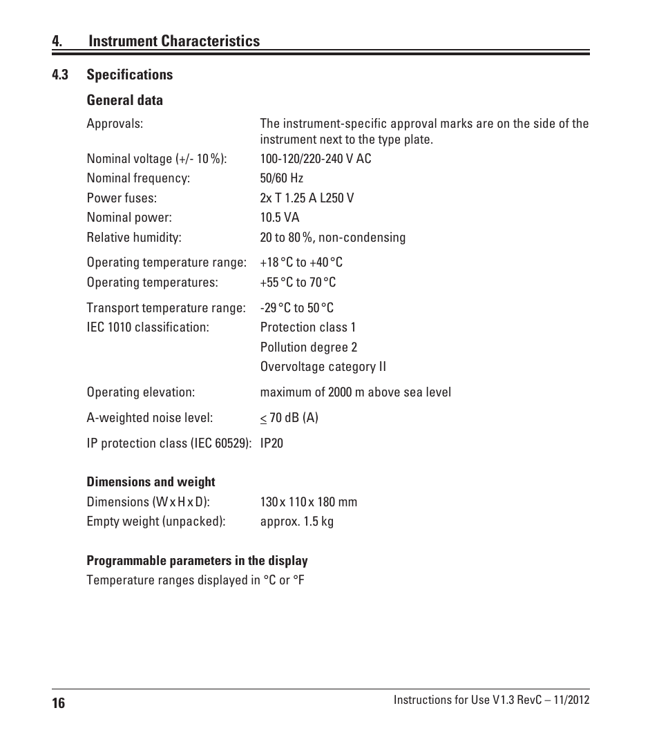 3 specifications, Instrument characteristics | Leica Biosystems EG F User Manual | Page 16 / 18