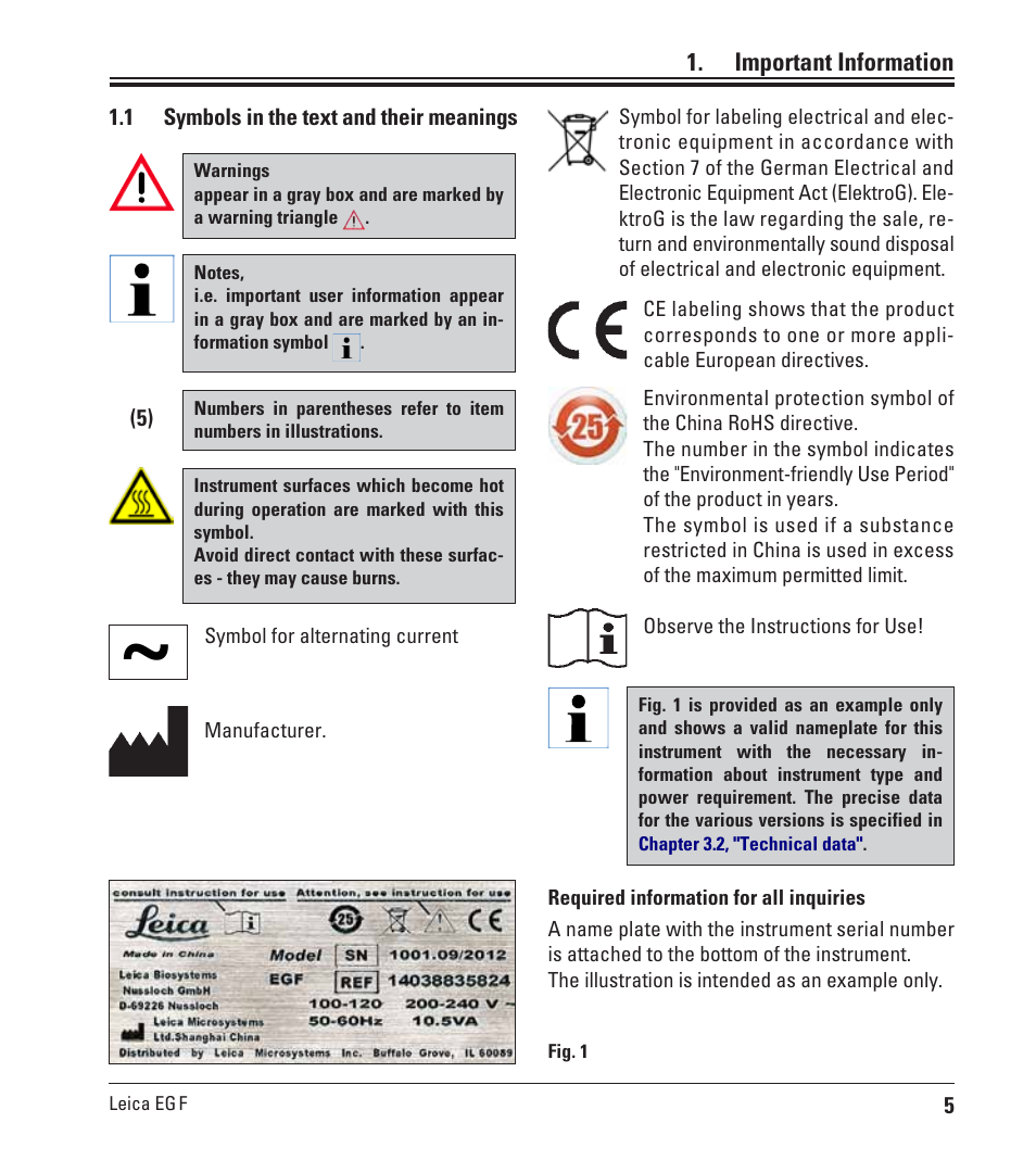 Important information, 1 symbols in the text and their meanings, Symbols in the text and their meanings | Leica Biosystems EG F User Manual | Page 5 / 18