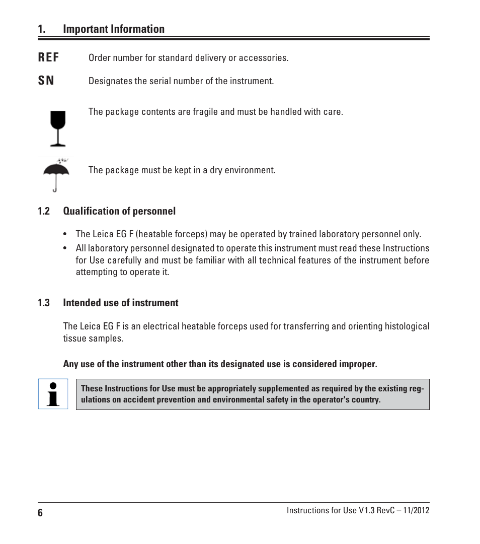 2 qualification of personnel, 3 intended use of instrument, Qualification of personnel | Intended use of instrument, Ref sn | Leica Biosystems EG F User Manual | Page 6 / 18