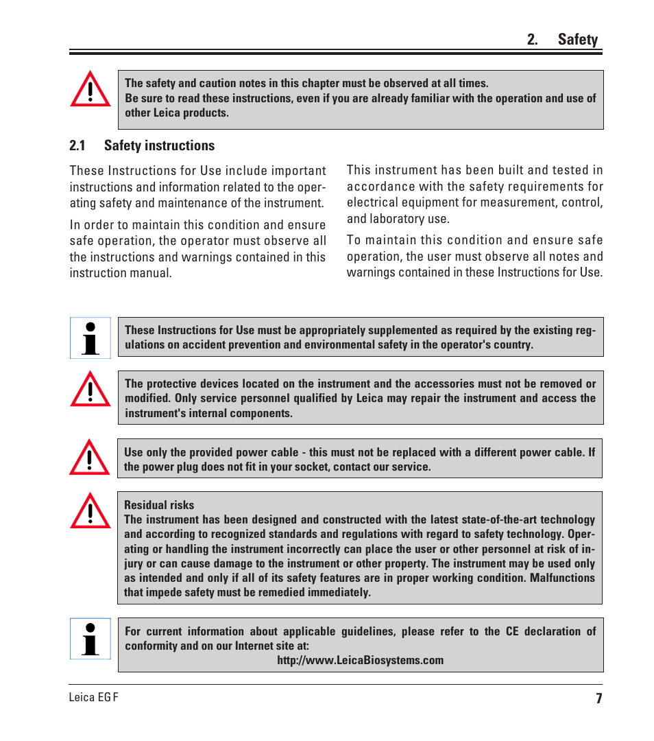 Safety, 1 safety instructions, Safety instructions | Leica Biosystems EG F User Manual | Page 7 / 18