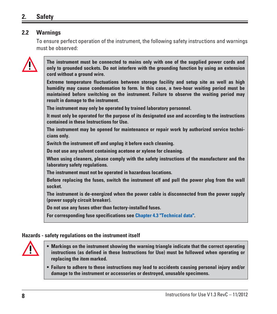 2 warnings, Safety | Leica Biosystems EG F User Manual | Page 8 / 18