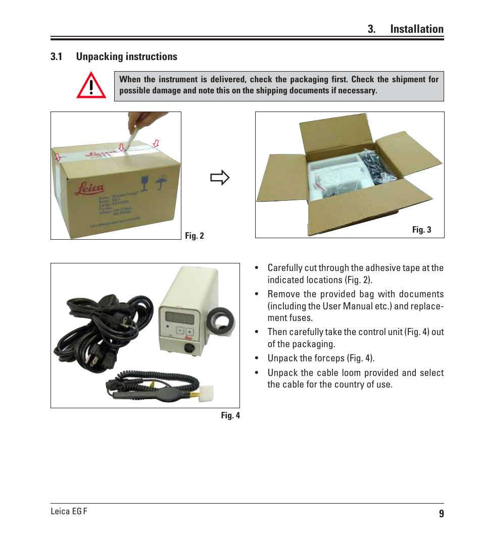 Installation, 1 unpacking instructions, Unpacking instructions | Leica Biosystems EG F User Manual | Page 9 / 18