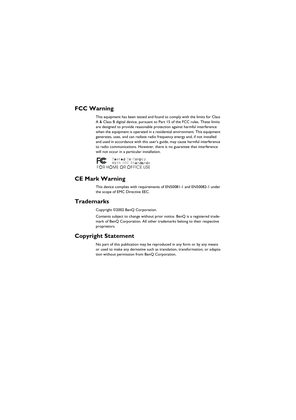 Fcc warning, Ce mark warning, Trademarks | Copyright statement | BenQ ESG-103 User Manual | Page 2 / 36