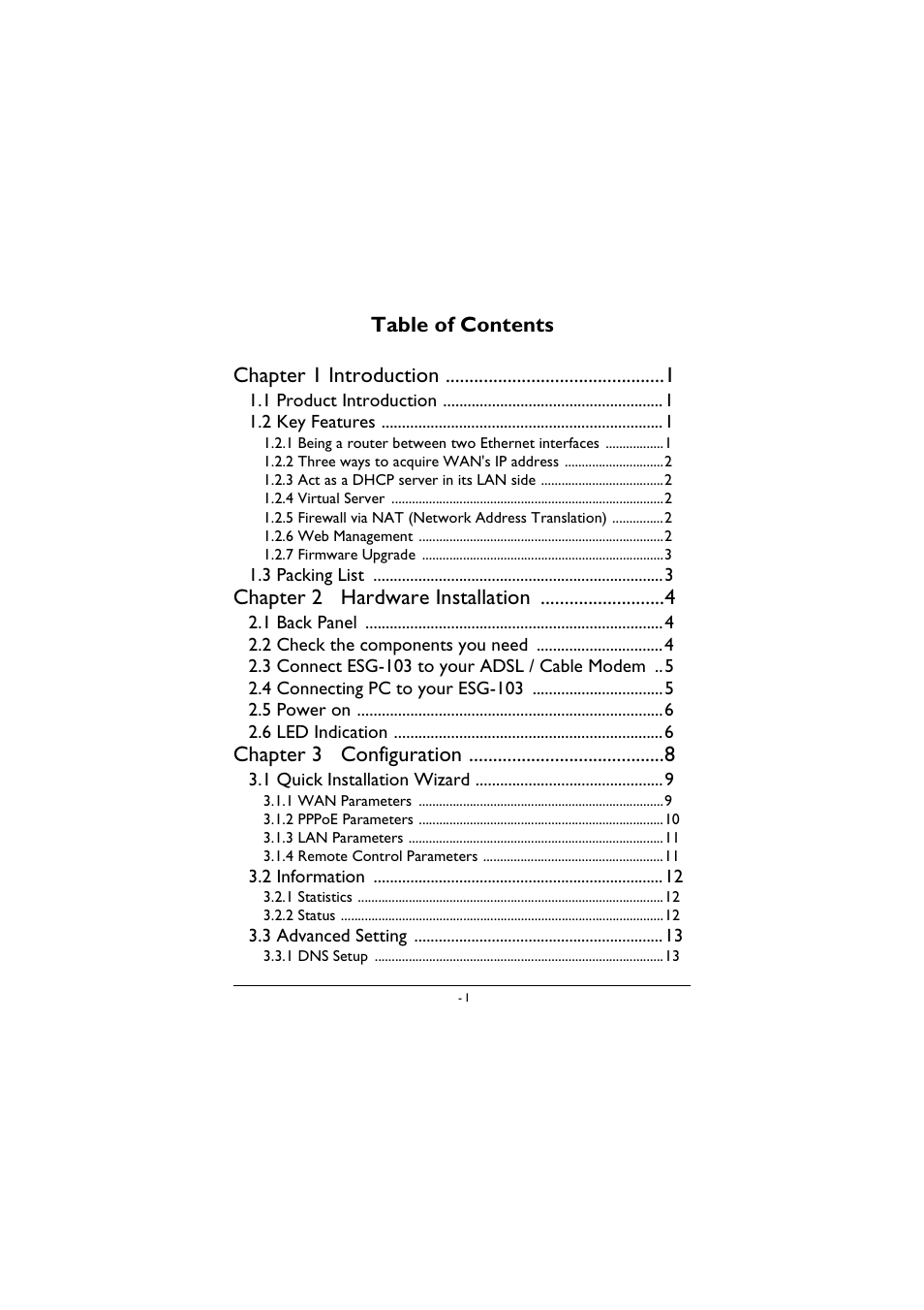 Table of contents chapter 1 introduction, Chapter 2 hardware installation, Chapter 3 configuration | BenQ ESG-103 User Manual | Page 3 / 36