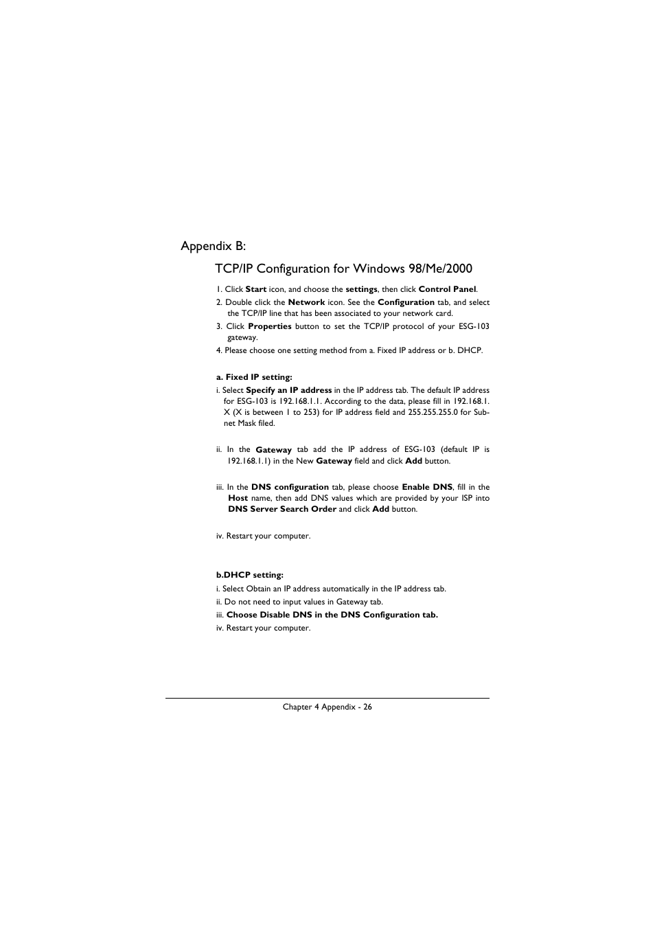 Appendix b, Tcp/ip configuration for windows 98/me/2000 | BenQ ESG-103 User Manual | Page 30 / 36