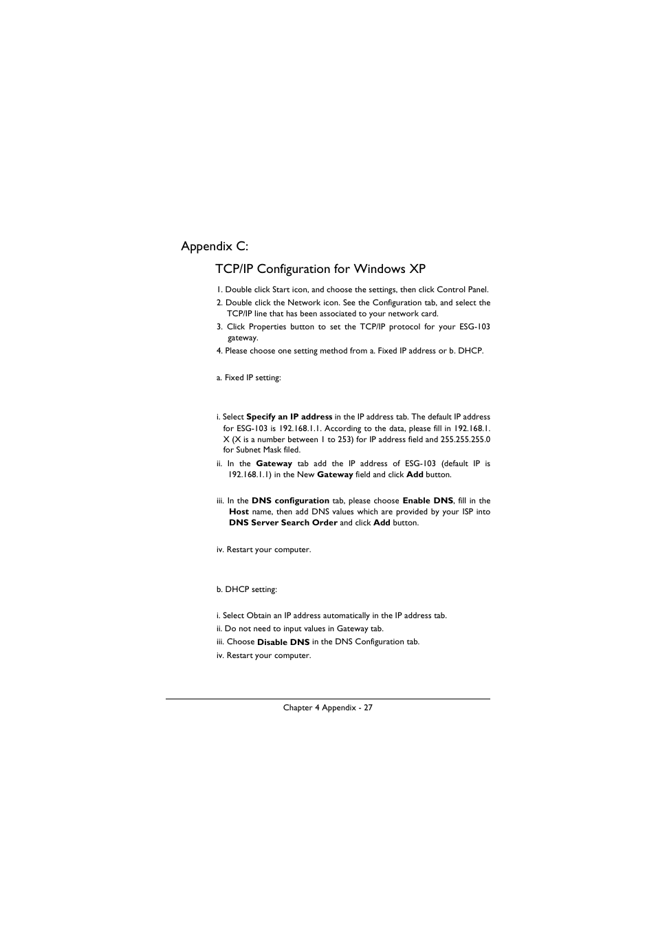 Appendix c, Tcp/ip configuration for windows xp, Appendix c: tcp/ip configuration for windows xp | BenQ ESG-103 User Manual | Page 31 / 36