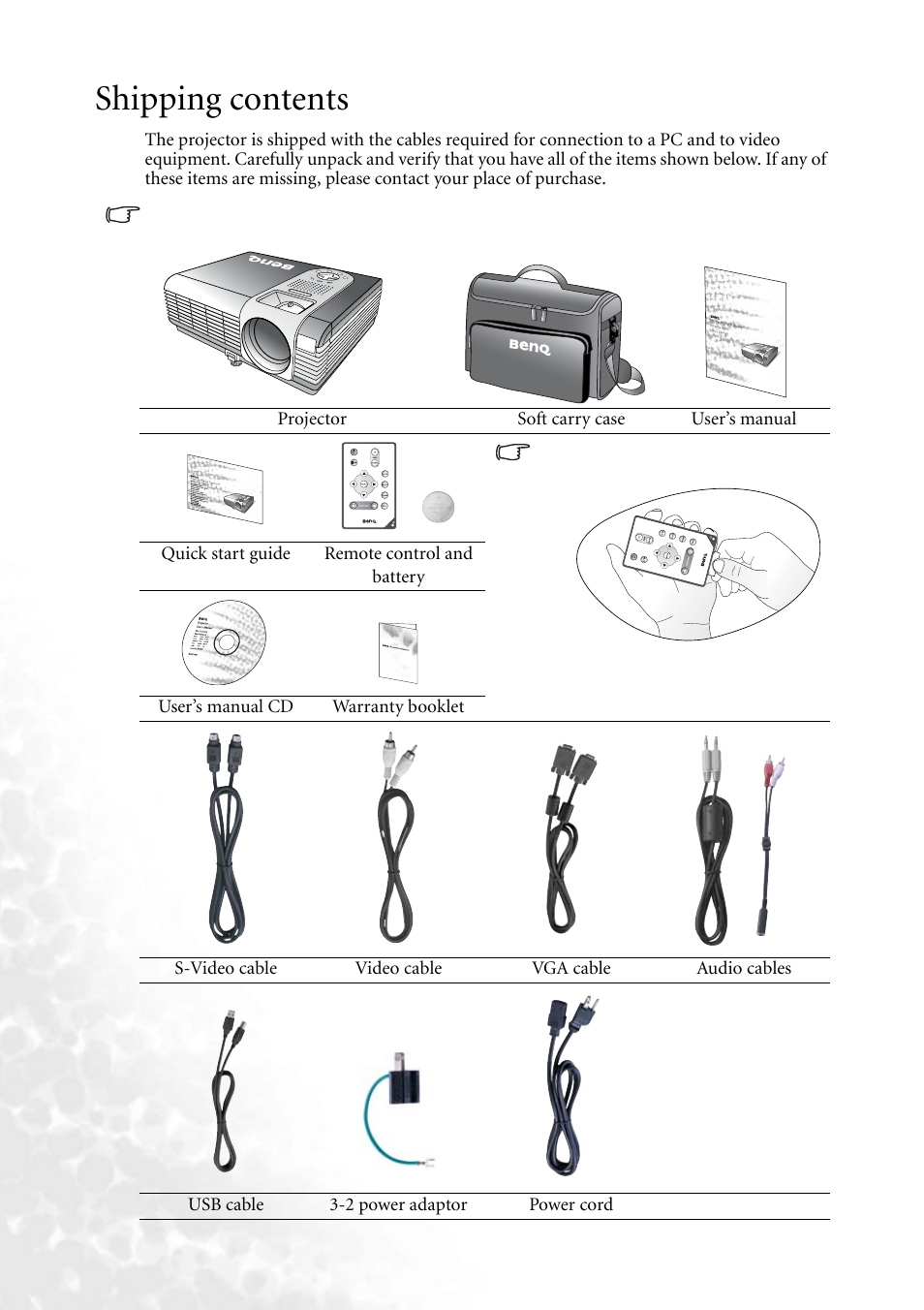 Shipping contents, Introduction 6, Projector soft carry case user’s manual | BenQ PB6240 User Manual | Page 10 / 46