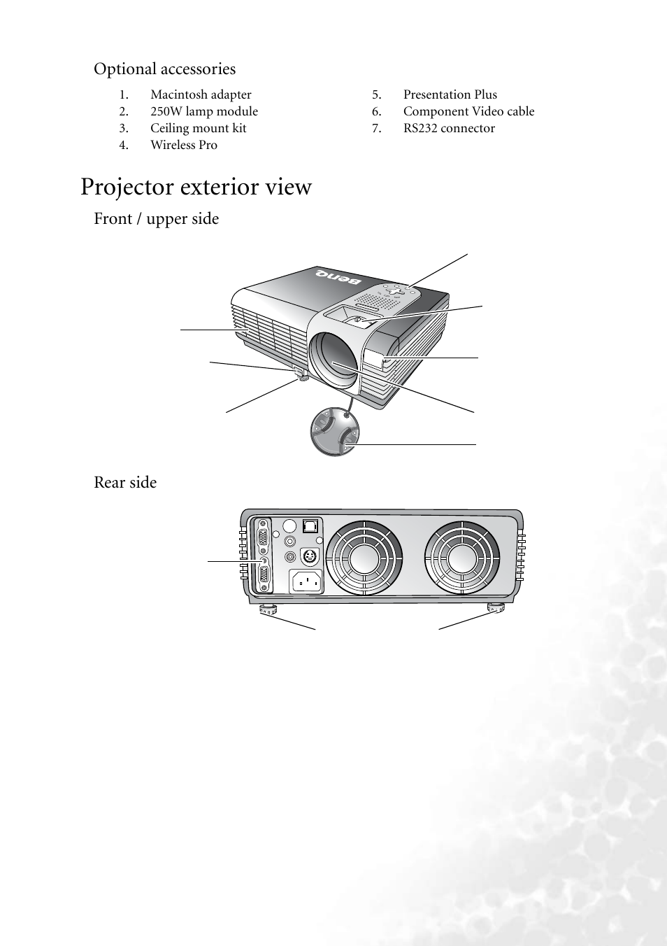 Optional accessories, Projector exterior view, Front / upper side | Rear side, Front / upper side rear side | BenQ PB6240 User Manual | Page 11 / 46