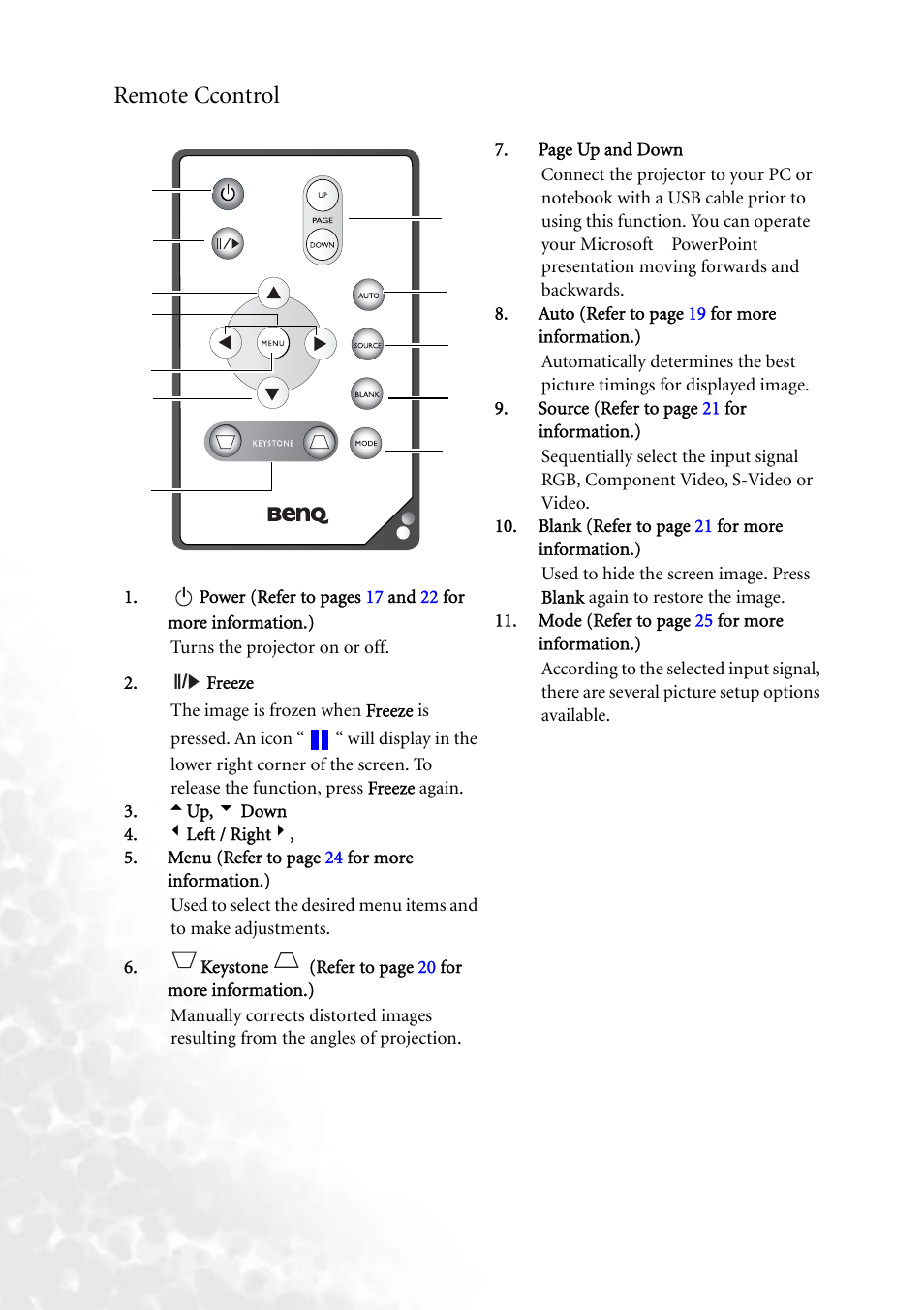 Remote ccontrol | BenQ PB6240 User Manual | Page 14 / 46