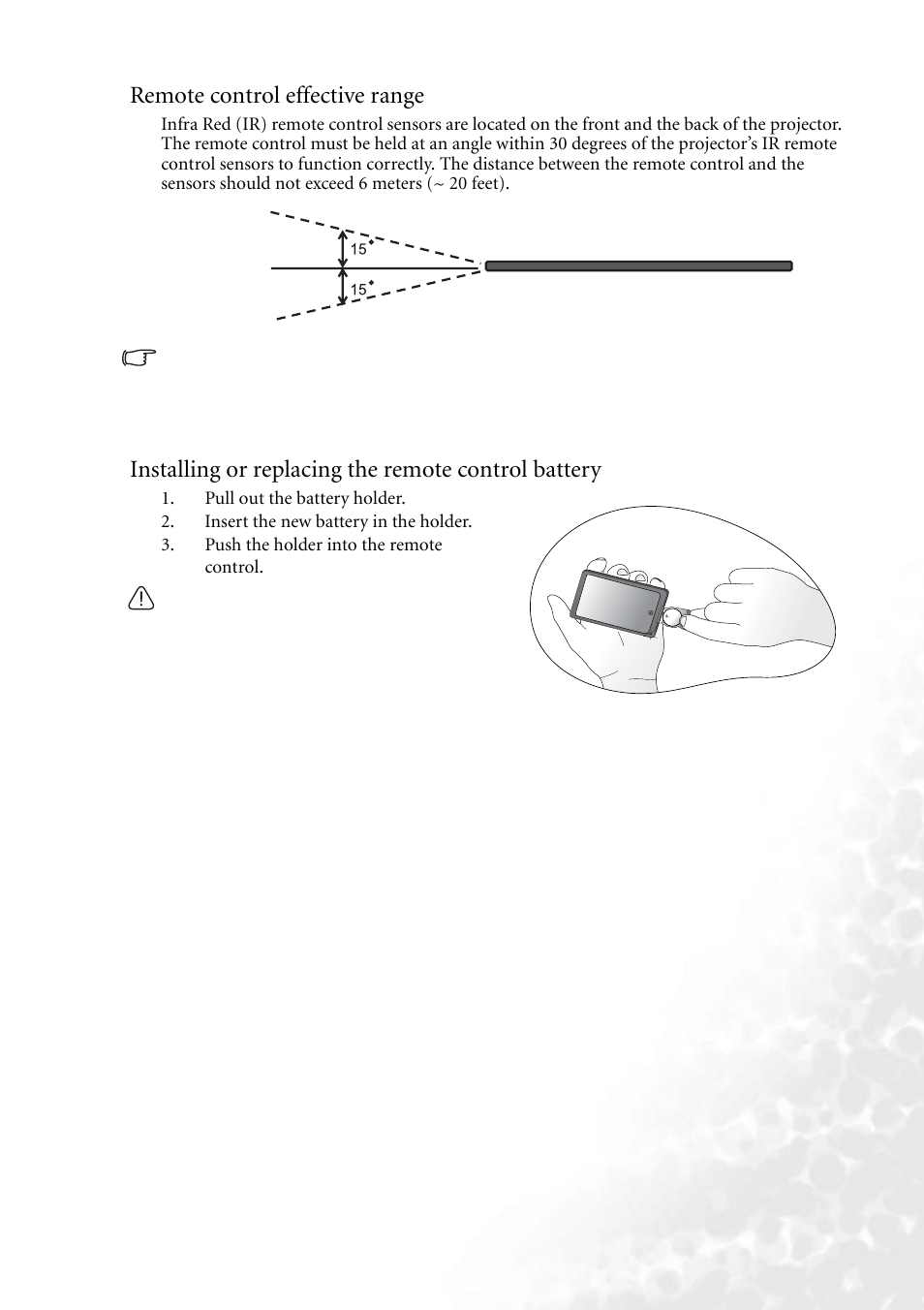 Remote control effective range, Installing or replacing the remote control battery | BenQ PB6240 User Manual | Page 15 / 46