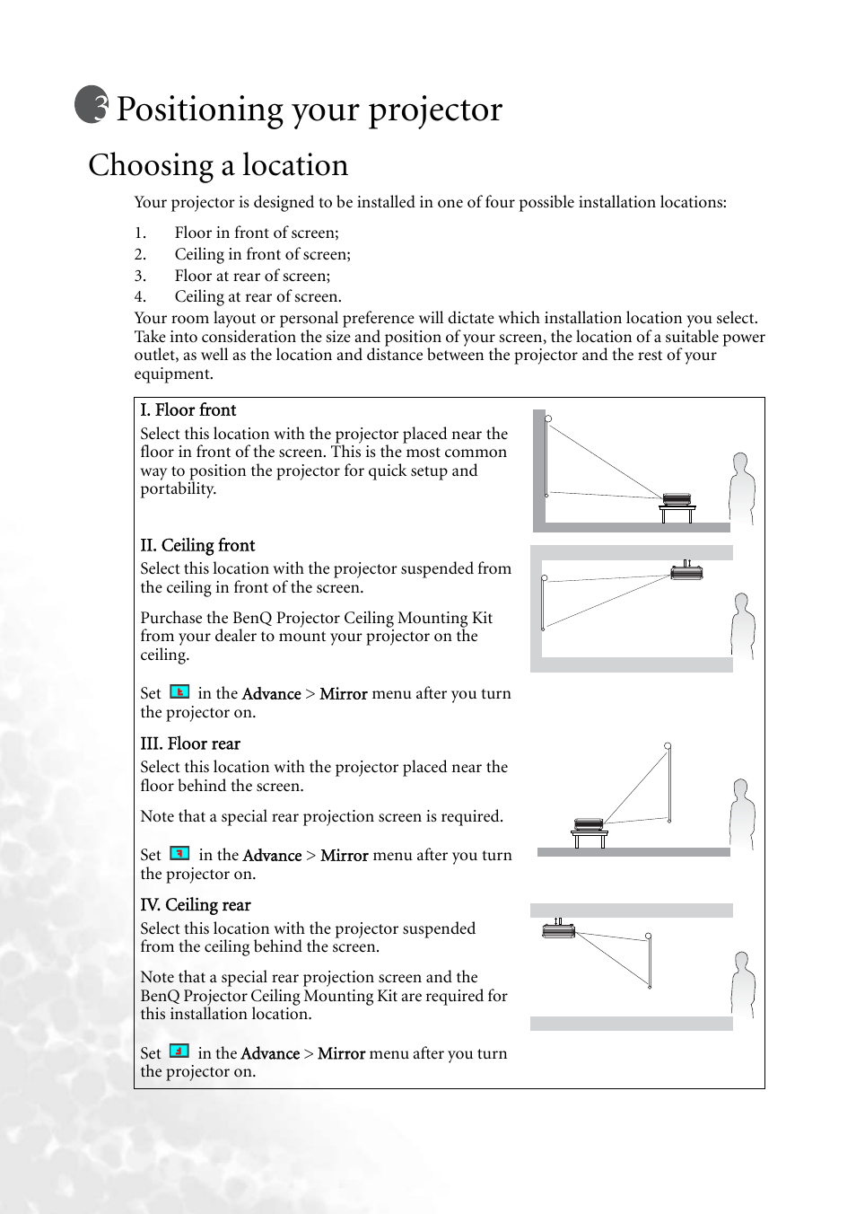 Positioning your projector, Choosing a location | BenQ PB6240 User Manual | Page 16 / 46
