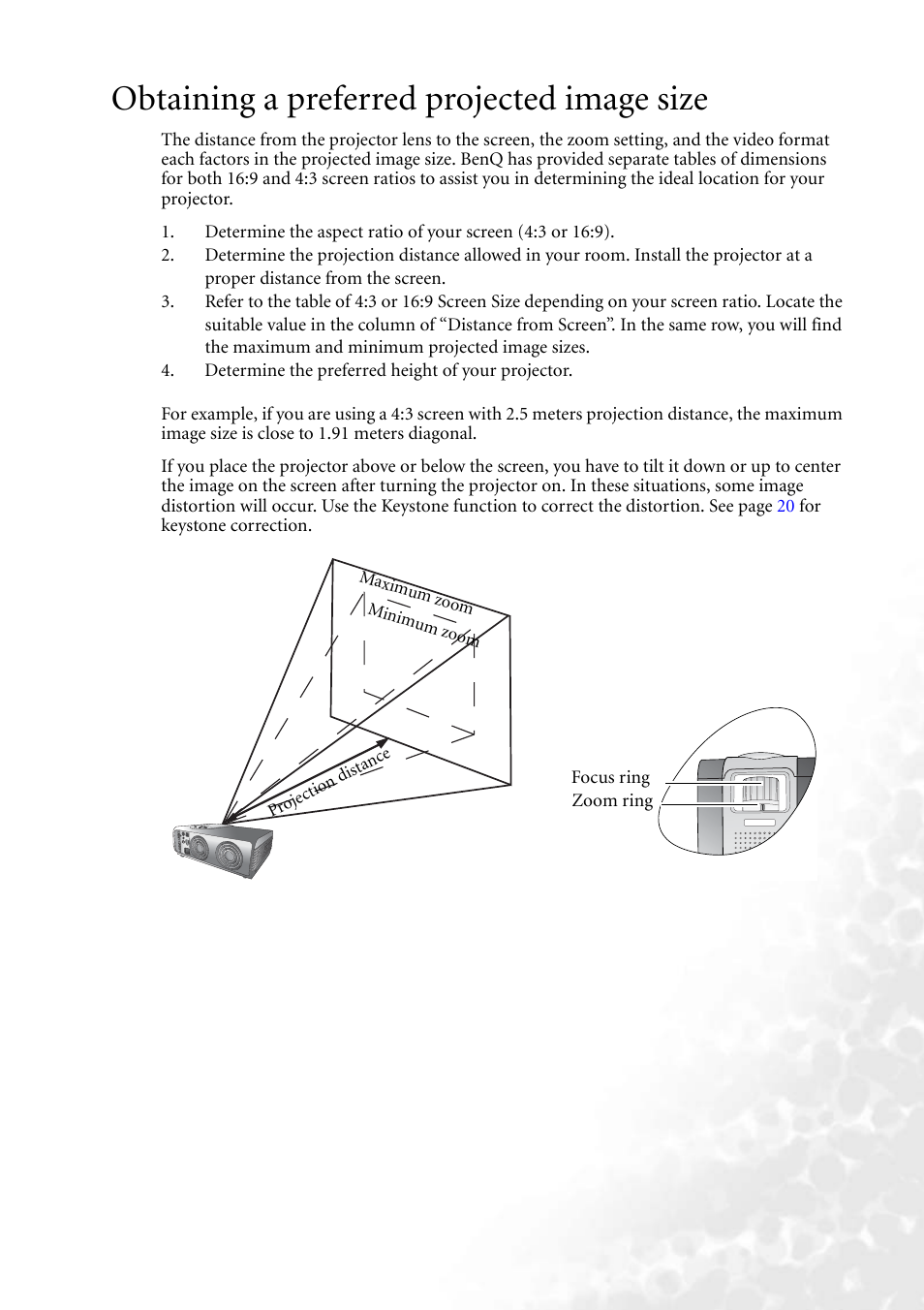 Obtaining a preferred projected image size | BenQ PB6240 User Manual | Page 17 / 46