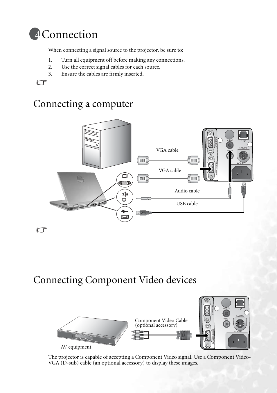 Connection, Connecting a computer, Connecting component video devices | BenQ PB6240 User Manual | Page 19 / 46