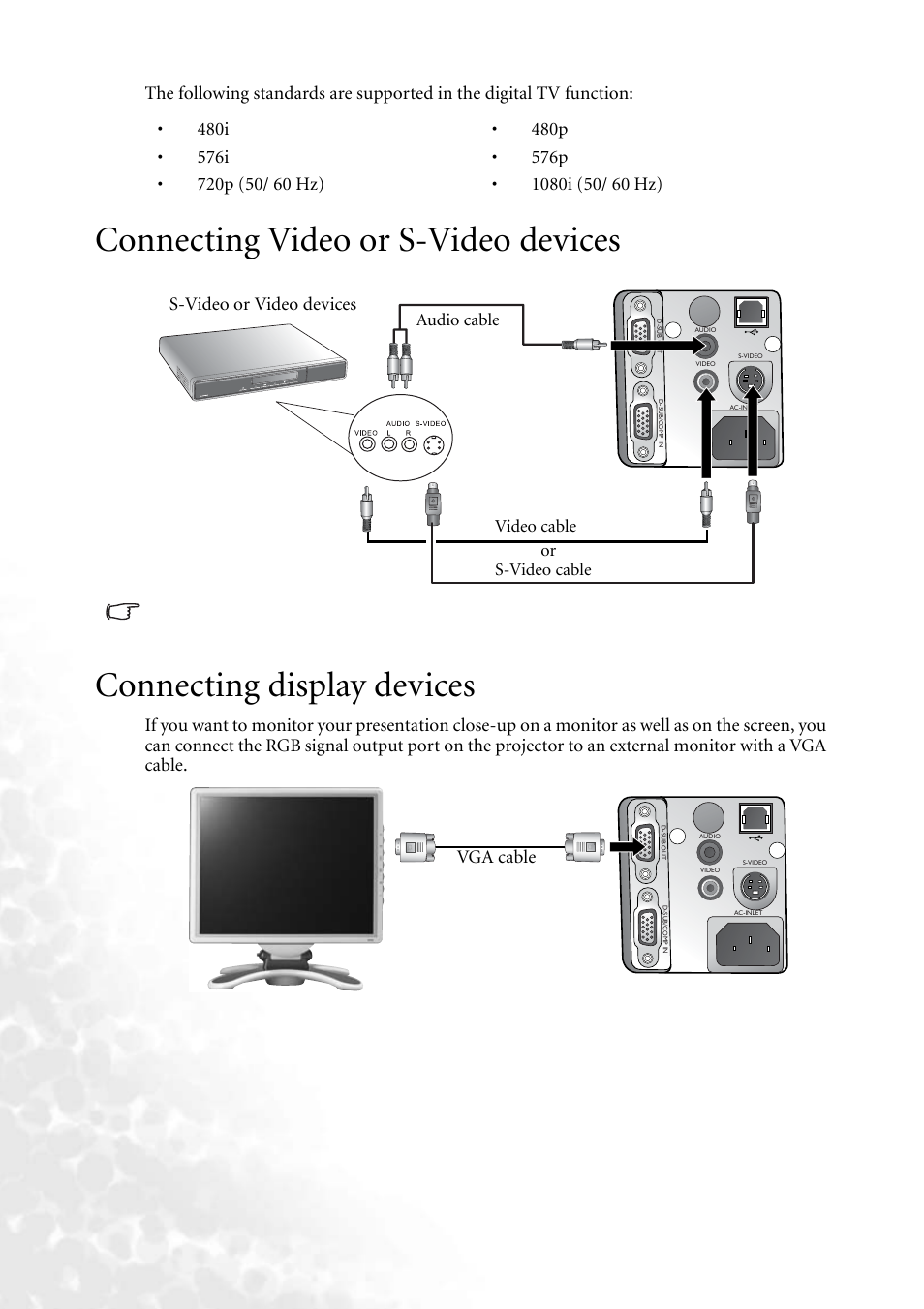 Connecting video or s-video devices, Connecting display devices, S-video or video devices | Vga cable | BenQ PB6240 User Manual | Page 20 / 46