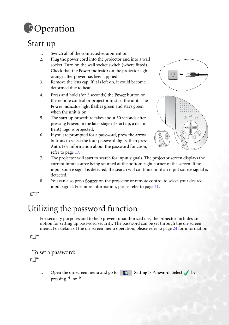 Operation, Start up, Utilizing the password function | To set a password, Start up utilizing the password function | BenQ PB6240 User Manual | Page 21 / 46