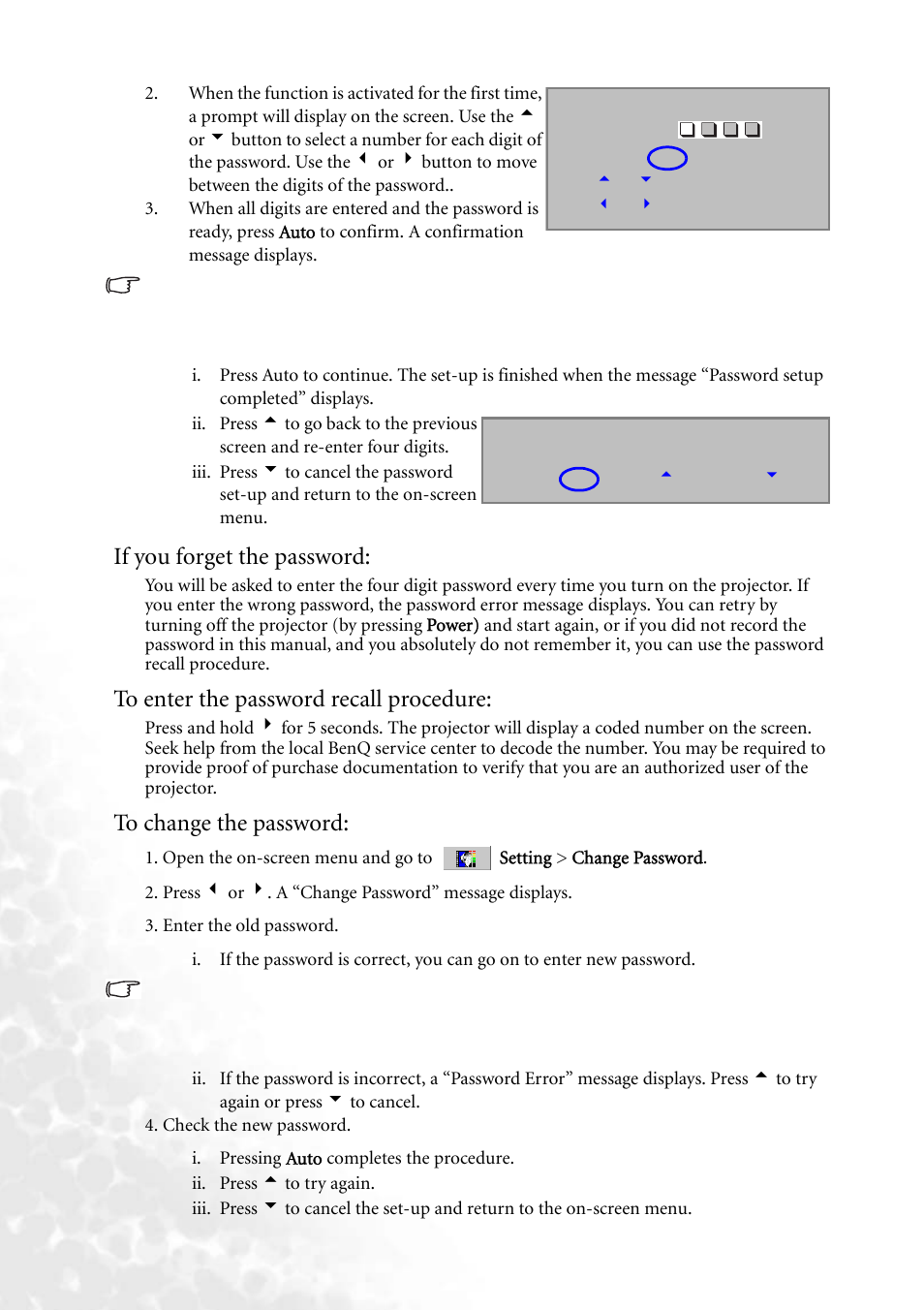 If you forget the password, To enter the password recall procedure, To change the password | BenQ PB6240 User Manual | Page 22 / 46