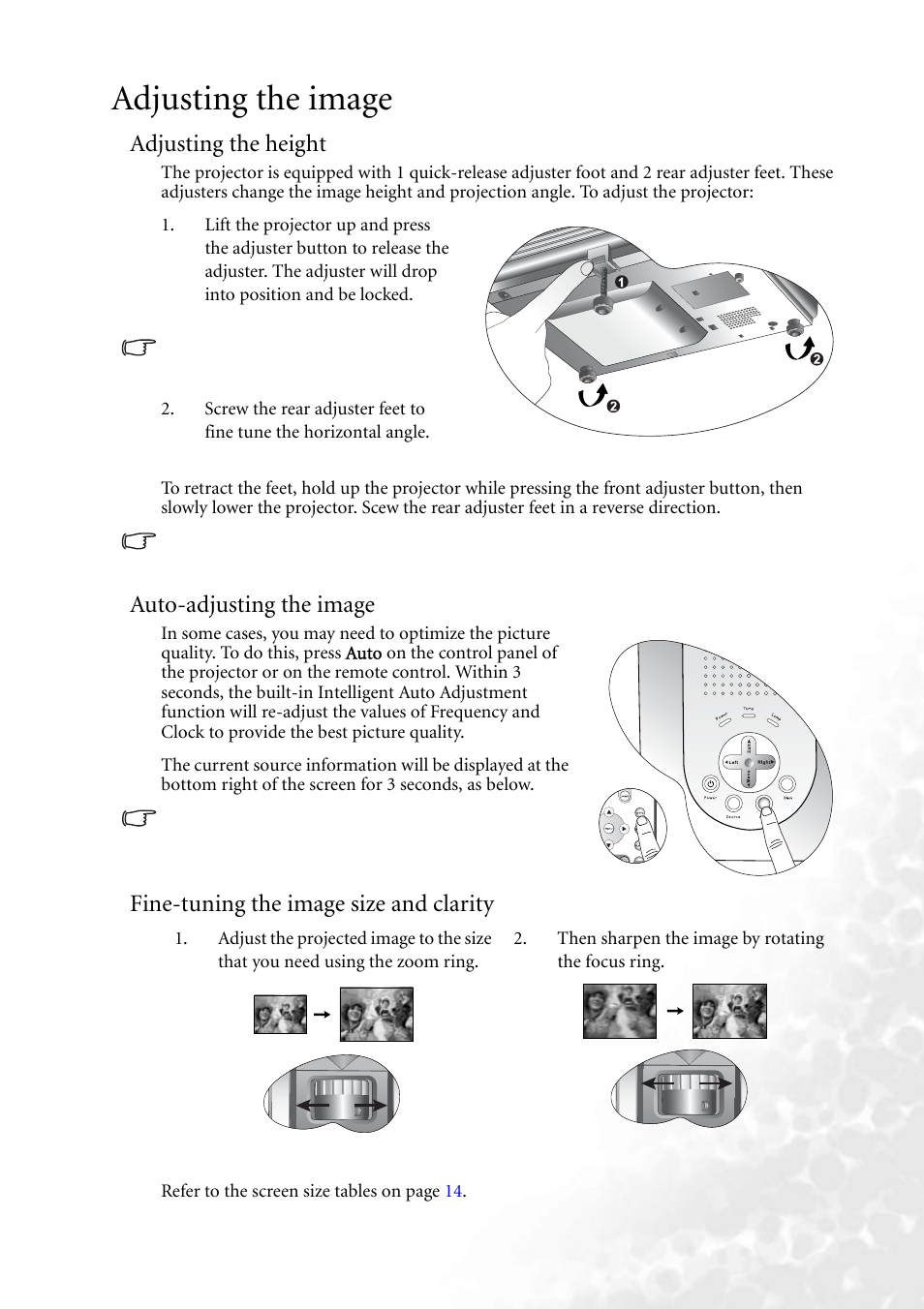 Adjusting the image, Adjusting the height, Auto-adjusting the image | Fine-tuning the image size and clarity | BenQ PB6240 User Manual | Page 23 / 46