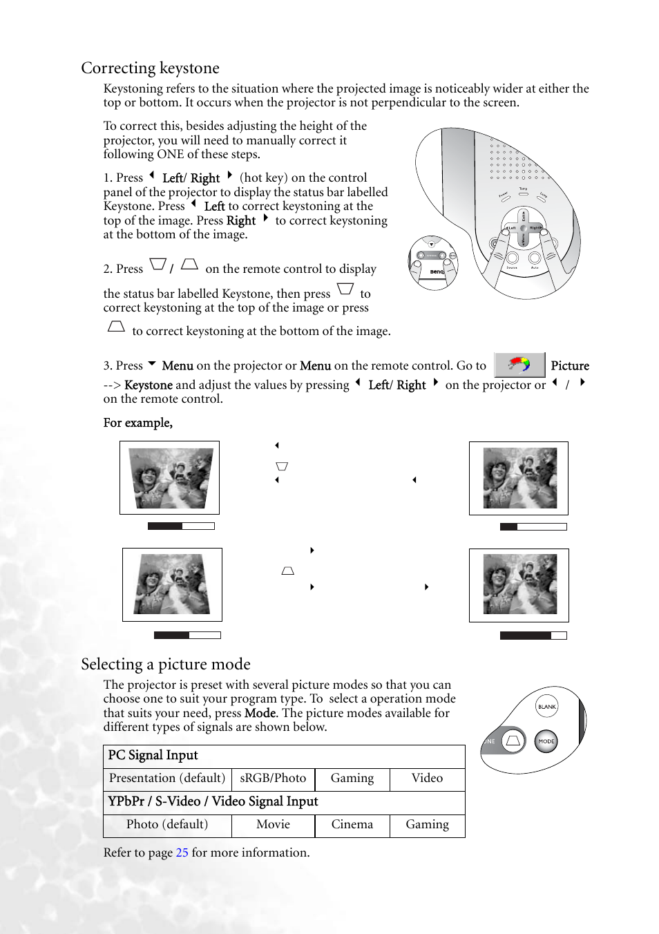 Correcting keystone, Selecting a picture mode | BenQ PB6240 User Manual | Page 24 / 46