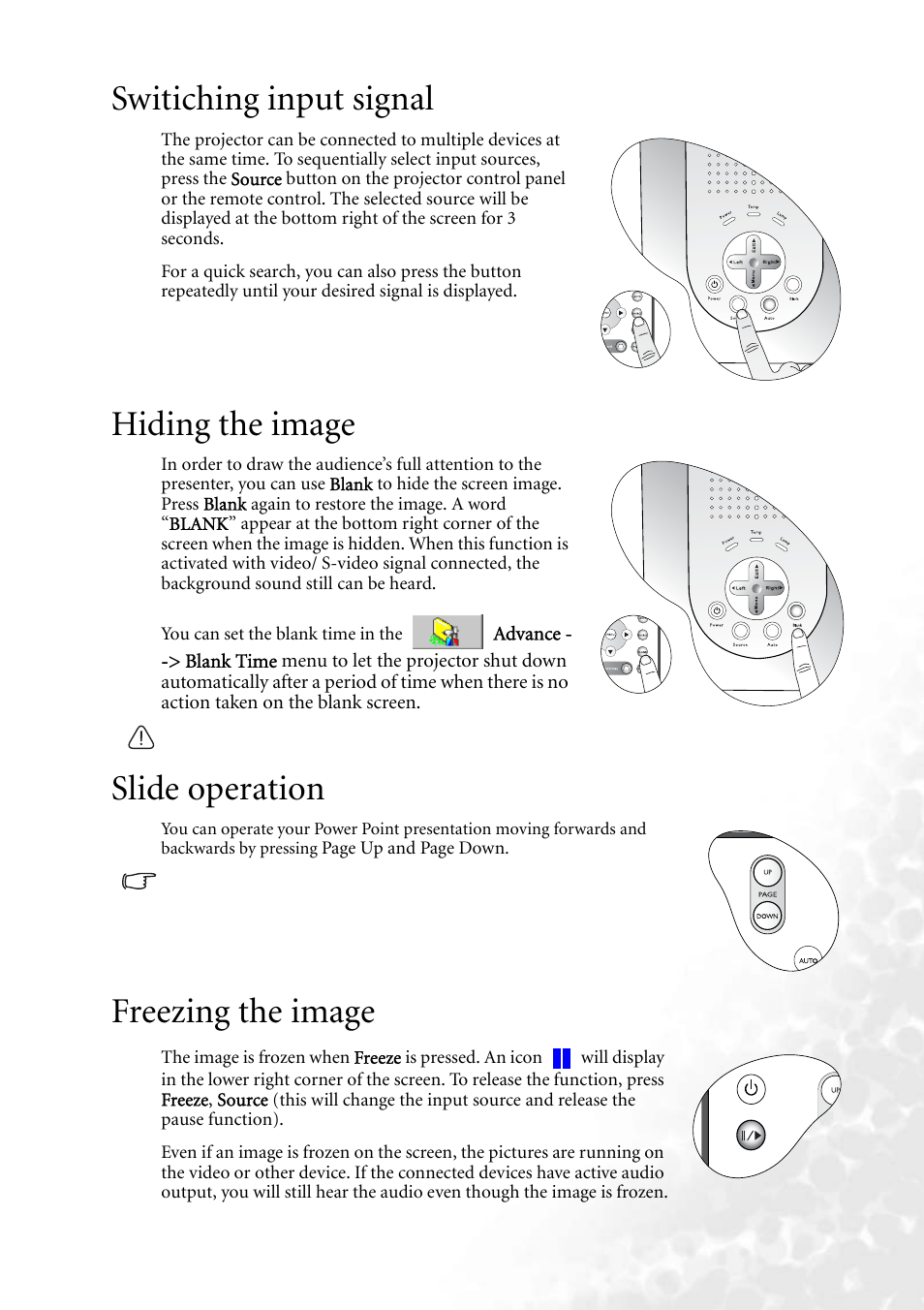 Switiching input signal, Hiding the image, Slide operation | Freezing the image | BenQ PB6240 User Manual | Page 25 / 46