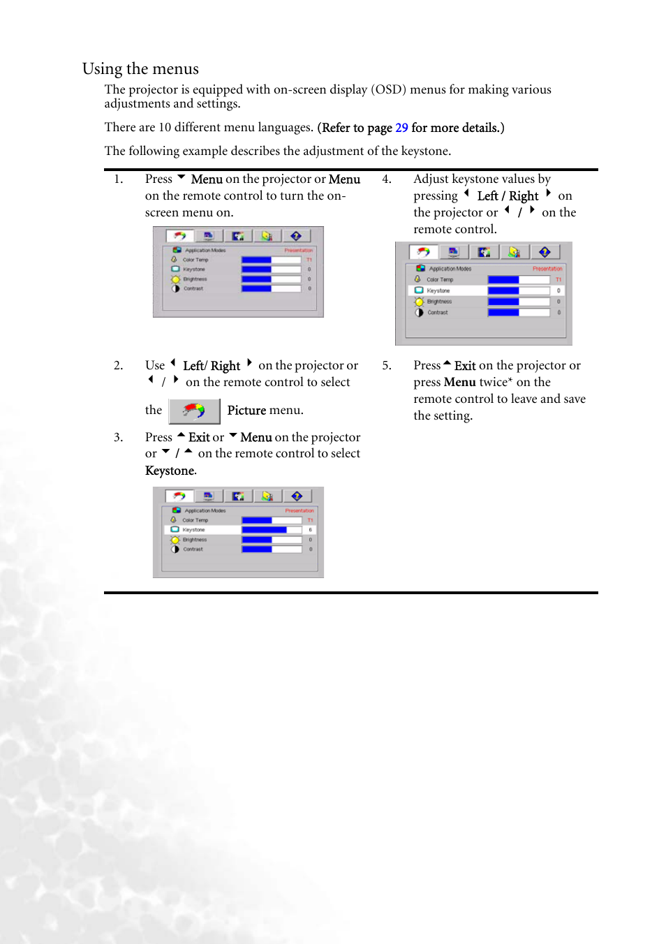 Using the menus | BenQ PB6240 User Manual | Page 28 / 46