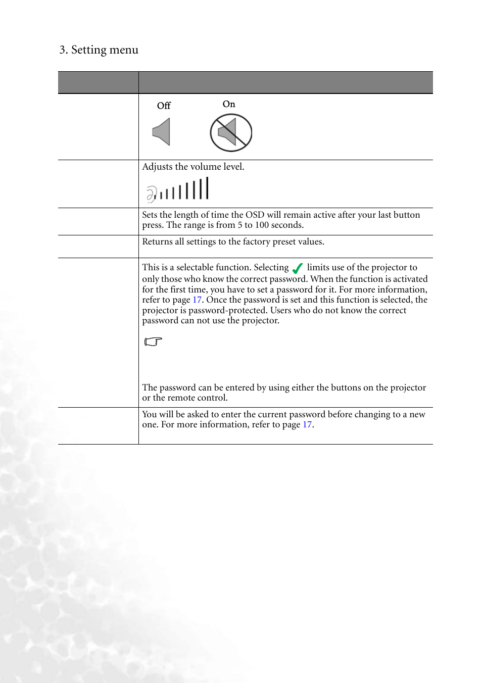 Setting menu | BenQ PB6240 User Manual | Page 32 / 46