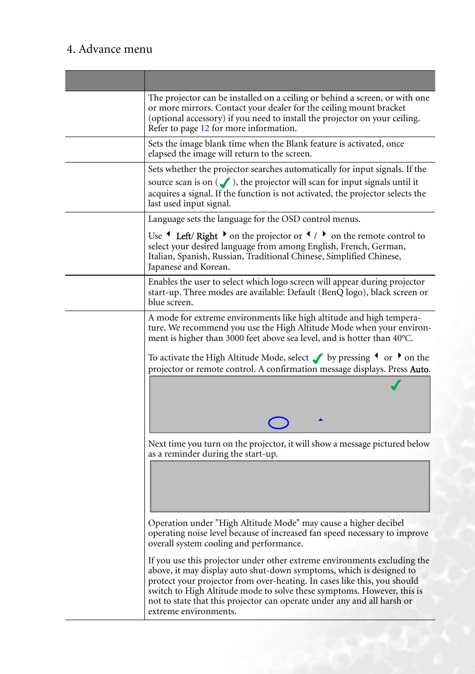 Advance menu | BenQ PB6240 User Manual | Page 33 / 46