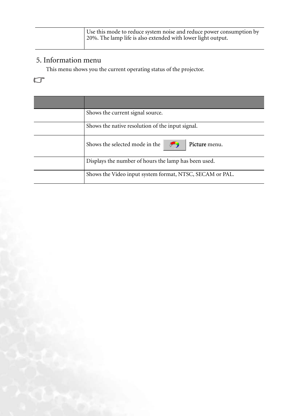 Information menu | BenQ PB6240 User Manual | Page 34 / 46