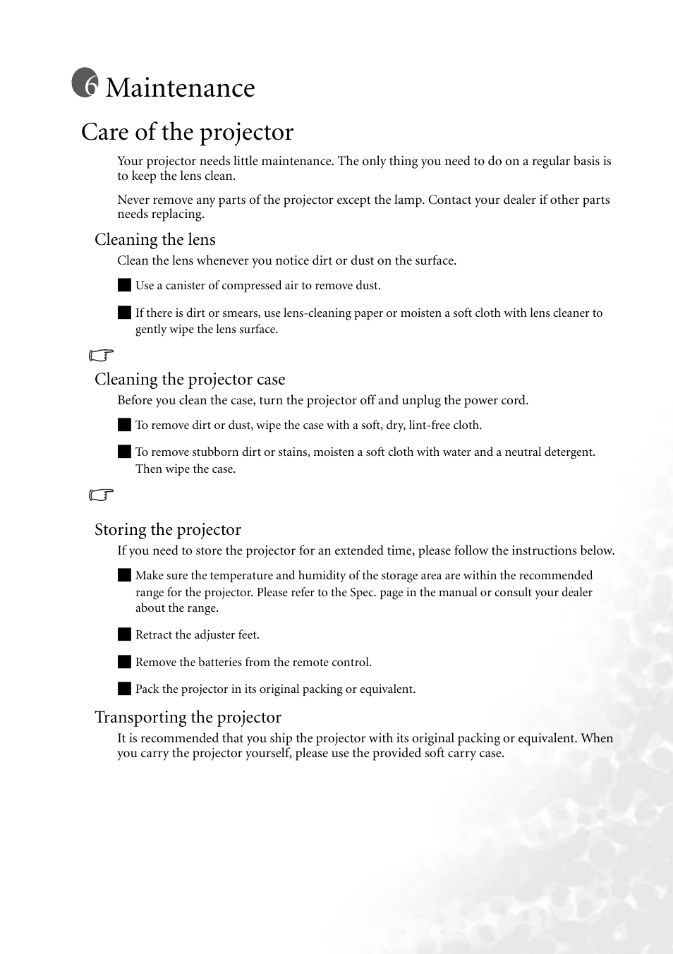 Maintenance, Care of the projector, Cleaning the lens | Cleaning the projector case, Storing the projector, Transporting the projector | BenQ PB6240 User Manual | Page 35 / 46